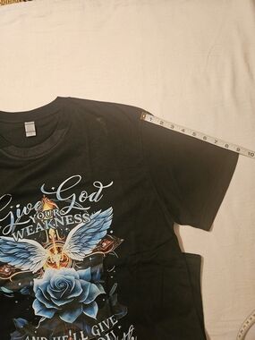 Black Graphic Short-Sleeve Tee with Blue Rose & Wings